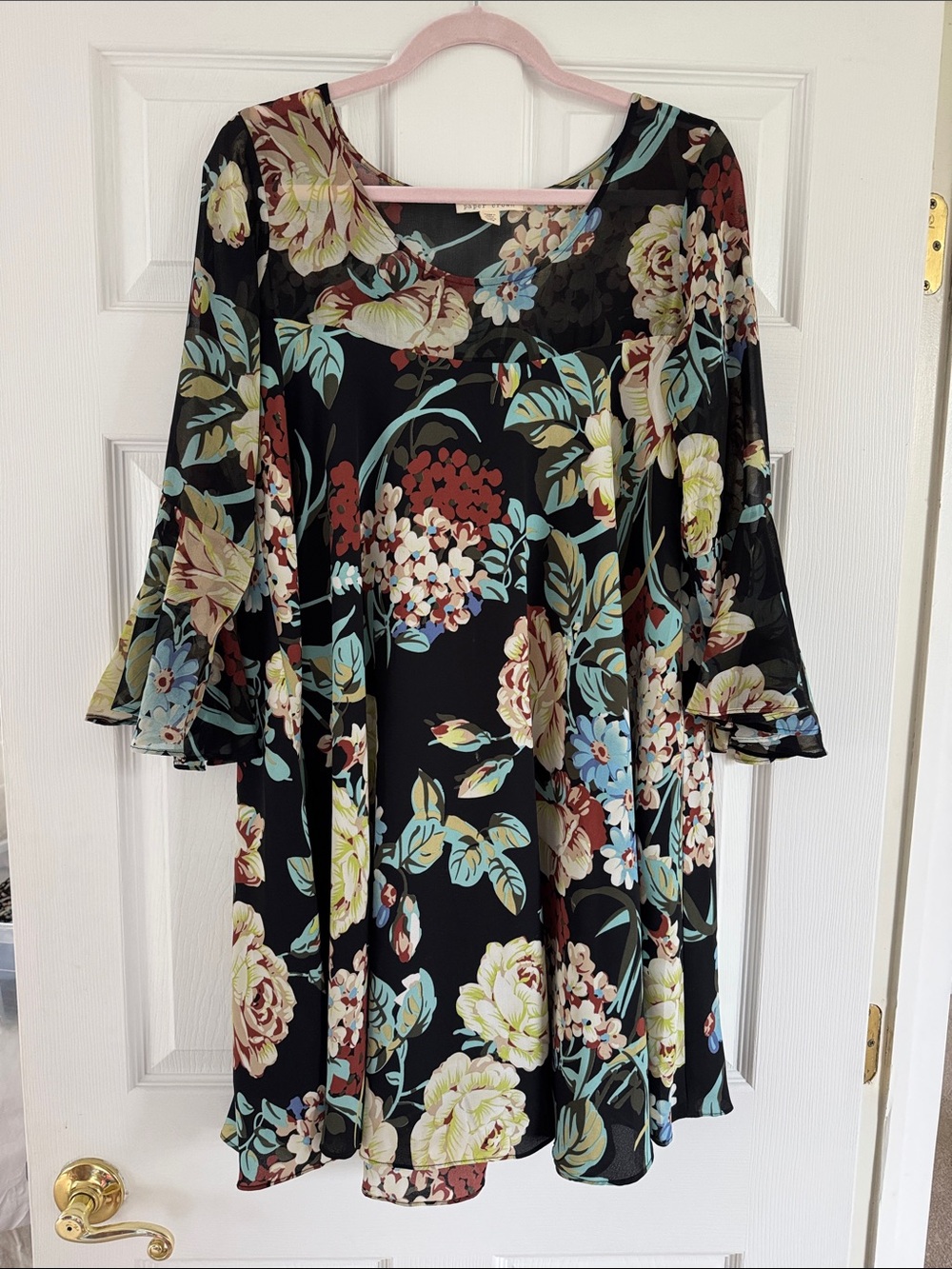 Paper Crown Black Floral Swing Dress with Bell Sleeves